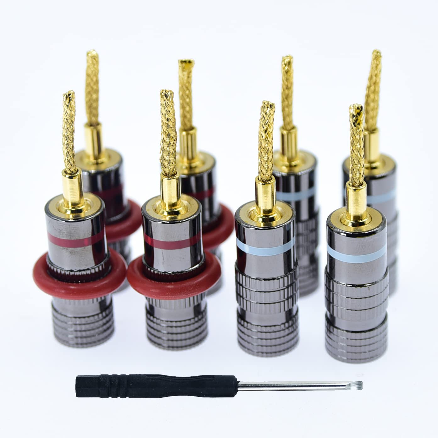 Conectores tipo tornillo cerrojo flexible adaptador de plátano enchufe a 4 mm hembra plátanos Jack Center Surround Wire para terminales de altavoz cargados por resorte Entradas, 4 pares, 8 piezas (8)