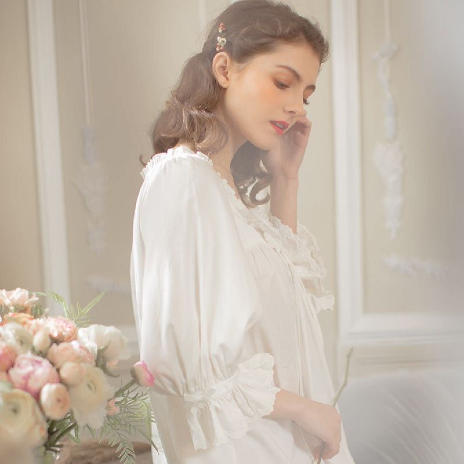 OFFSUM Camicia da Notte Donna - Primavera Estate Vintage Cotton Square Collar Sleepwear Camicia da Notte Classica Casual Elegante Sweet Princess White Loungewear