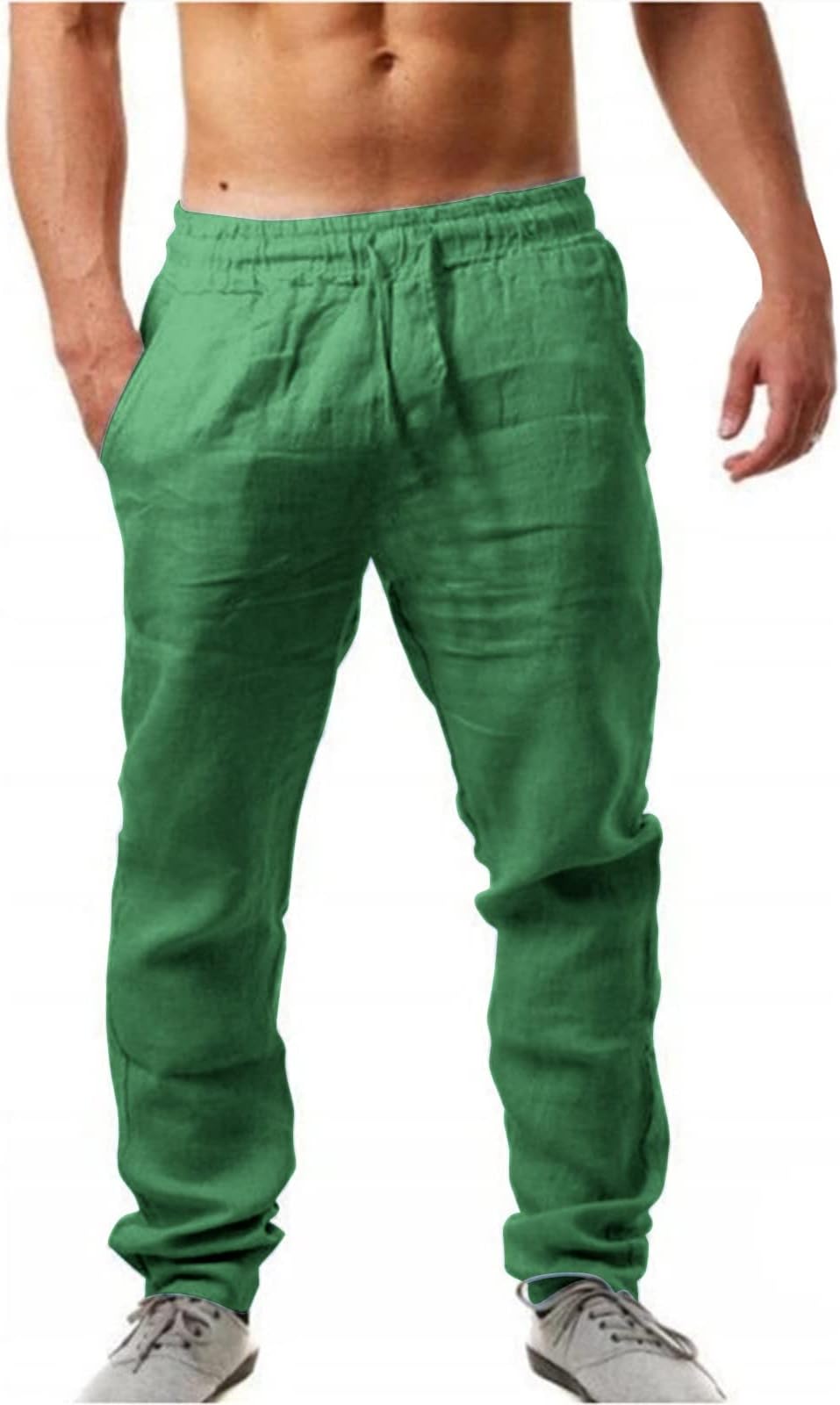 Mens Linen Trousers Cotton Jogging Bottoms | Elastic Beach Pants Comfortable Lightweight Pants | Loose Fit Drawstring Trousers Casual Yoga Pants | Baggy Pants with Pockets Straight
