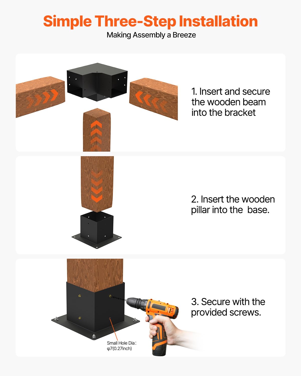 VEVOR Kit Supports de Pergola, Lot de 8, Support de Poteau Bois 92x92 mm, 4 Supports d'angle 3 Voies, 4 Bases de Poteaux, Acier au Carbone, pour Poutres Bois Standard, Banquets de Fête en Plein Air