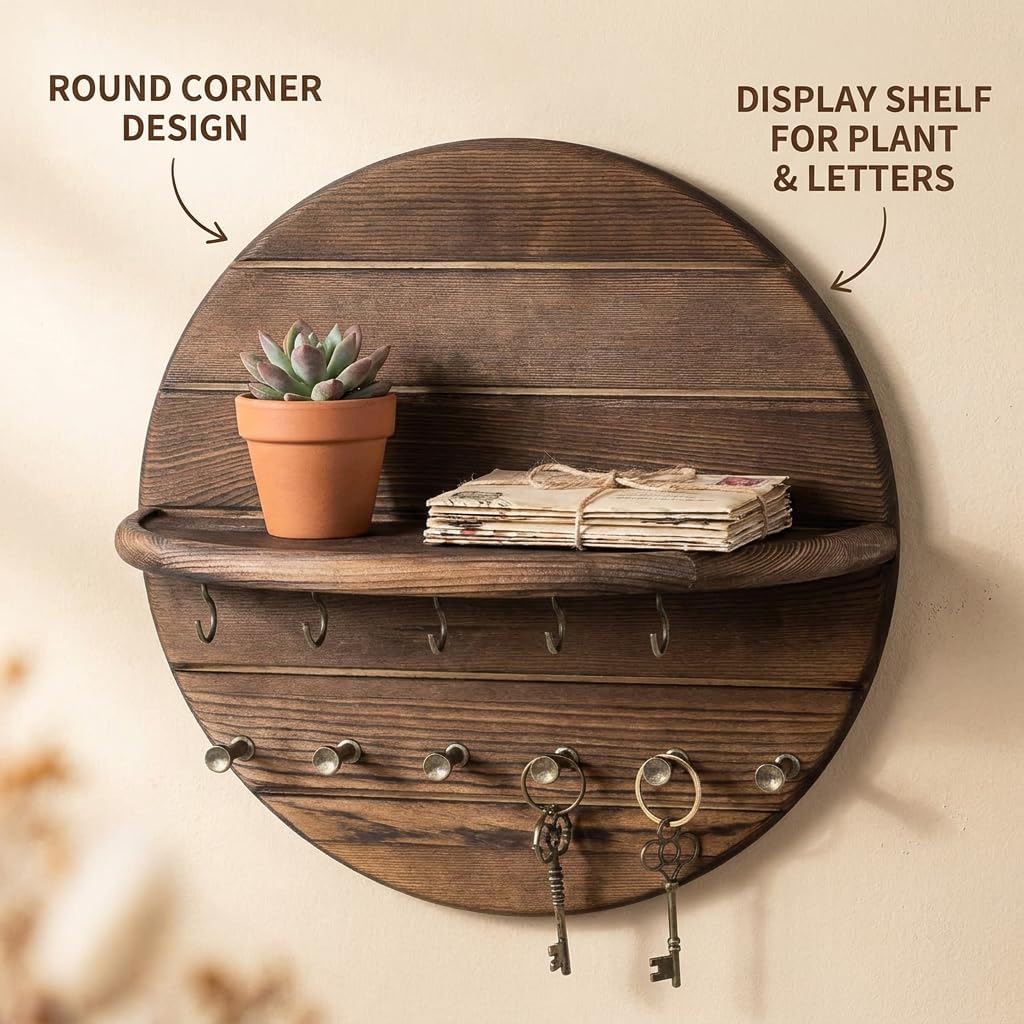 4PCS Key Holder Wall Mount Wood, Key Holder for Wall with Shelf, Round Wooden Key Rack Wall Mount, Entryway Wall Organizer with Hooks for Keys Sunglasses Mail Small Items, Rustic Farmhouse Home Decor