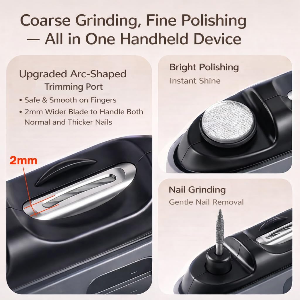 Electric Nail Clipper for Seniors & Adults, 3-in-1 Nail Trimmer, File & Polisher, Wide Opening for Thick Nails, Safe Clippers for Kids, Portable with LED Light, Type-C Charge, Magnetic Cover