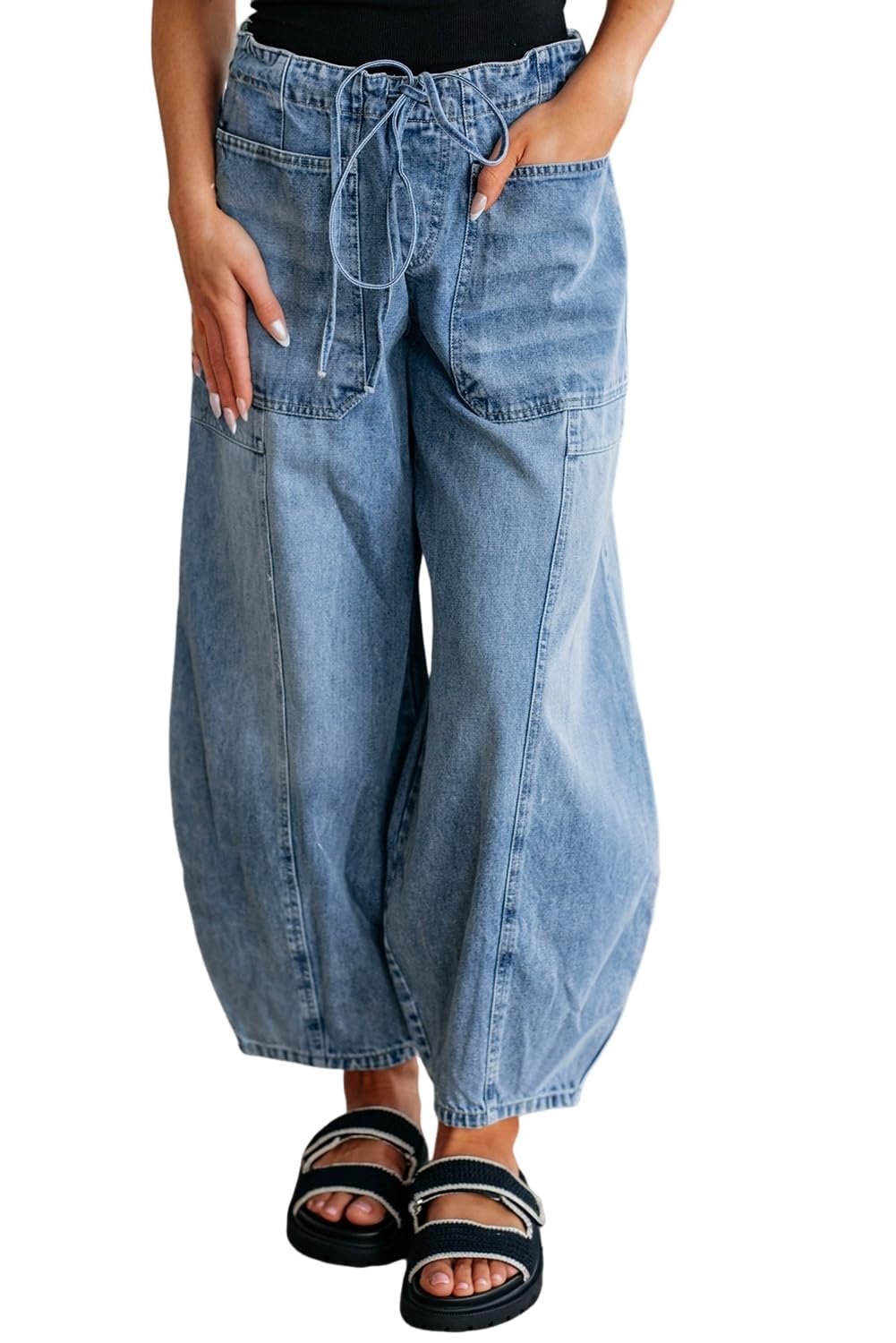 Womens Pants Myosotis Large Patch Pocket Drawstring Paperbag Waist Barrel Jeans
