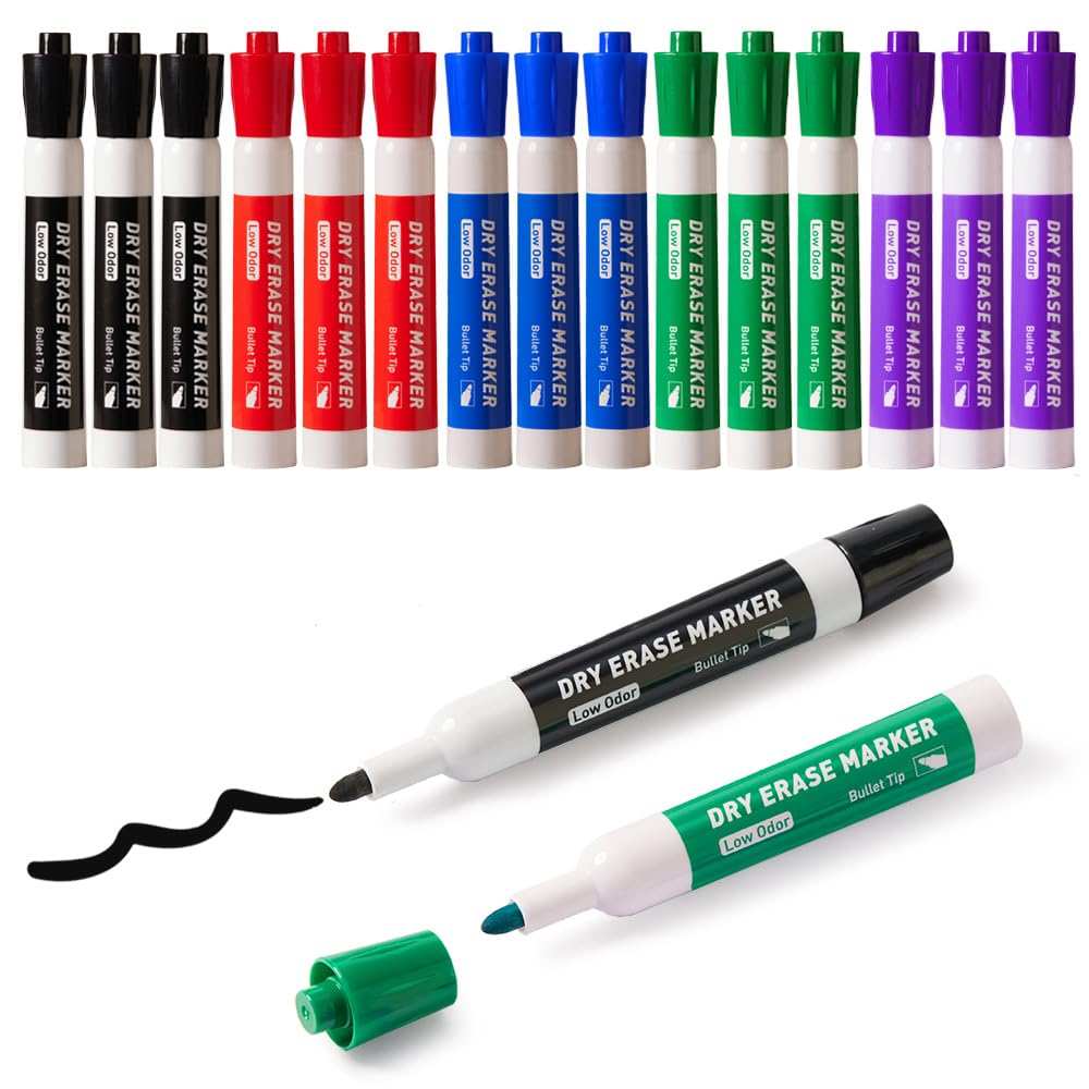 15PCS Whiteboard Pens 5 Colours Dry Wipe Erase Markers 2.7mm Bullet Tip