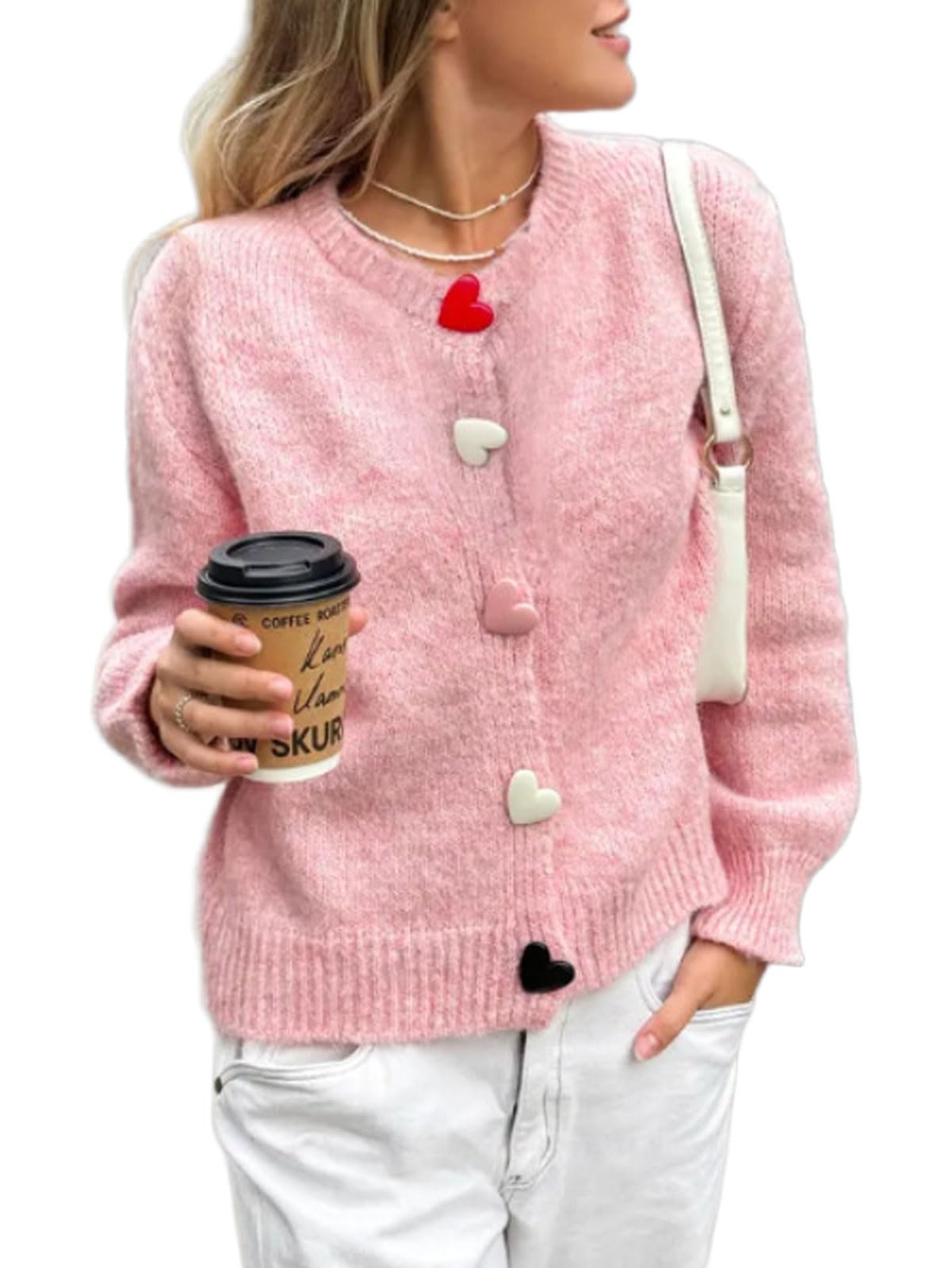 CHARTOU Womens Heart Buttons Knit Cardigan Short Cute Crewneck Knit Sweater Fall Long Sleeve Top