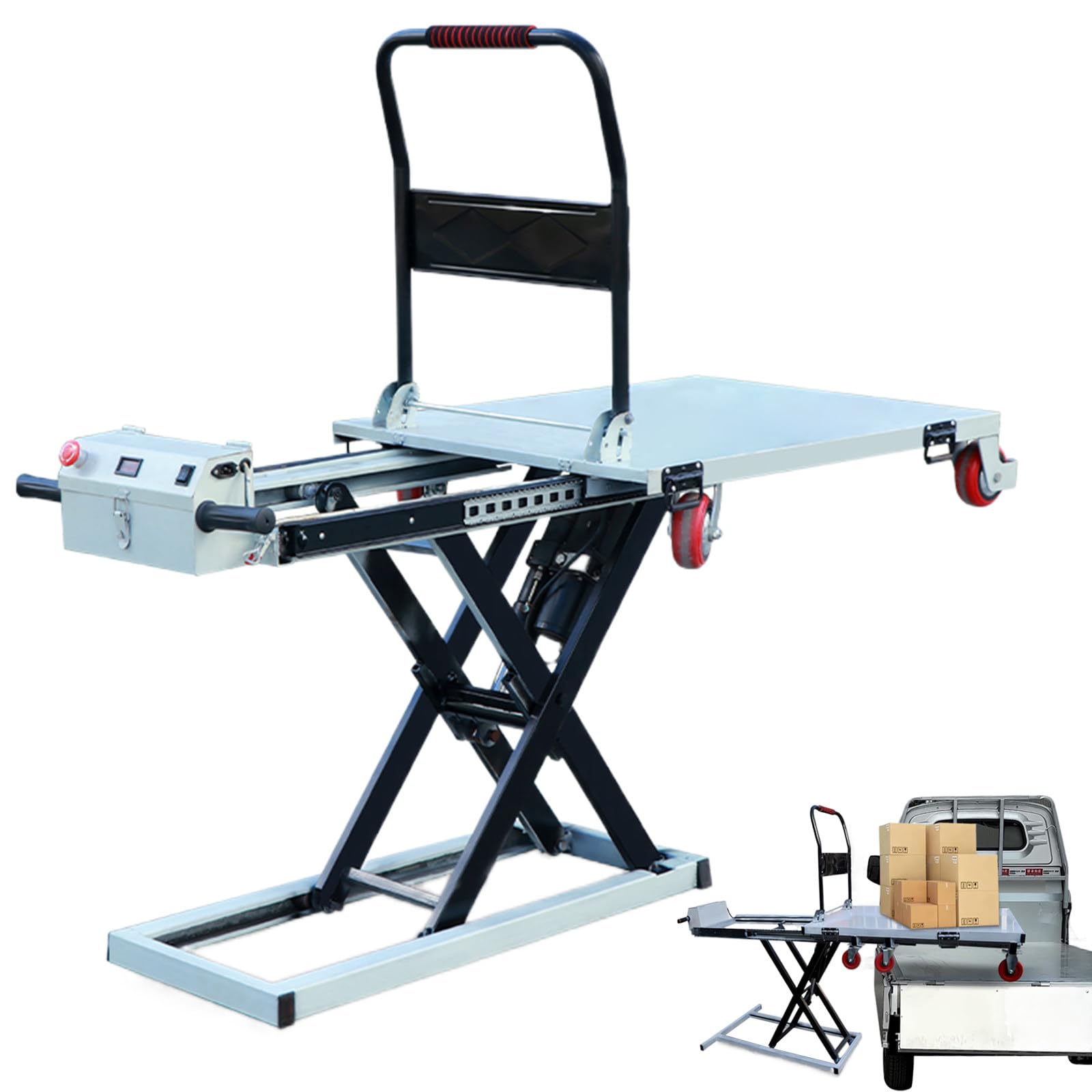 Hydrauliczny podnośnik stołowy, elektryczny podnośnik nożycowy, elektryczna hydrauliczna platforma podnosząca z 4 kółkami, do przenoszenia materiałów, wysokość podnoszenia 100 cm