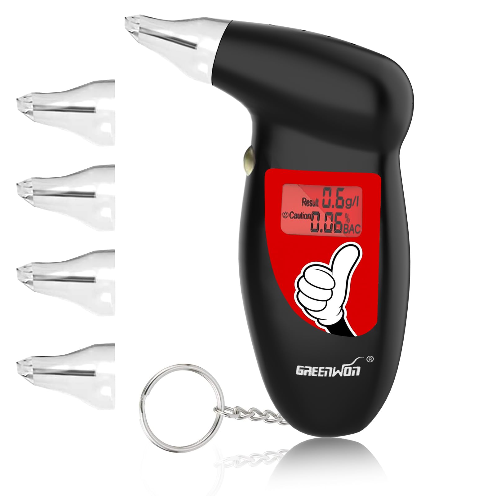 GREENWON Breathalyzer Keychain Digital Alcohol Tester Detector Breath Analyzer Audible Alert Portable with LCD Display and Replacement Mouthpiece Personal Use FT/Black, Football