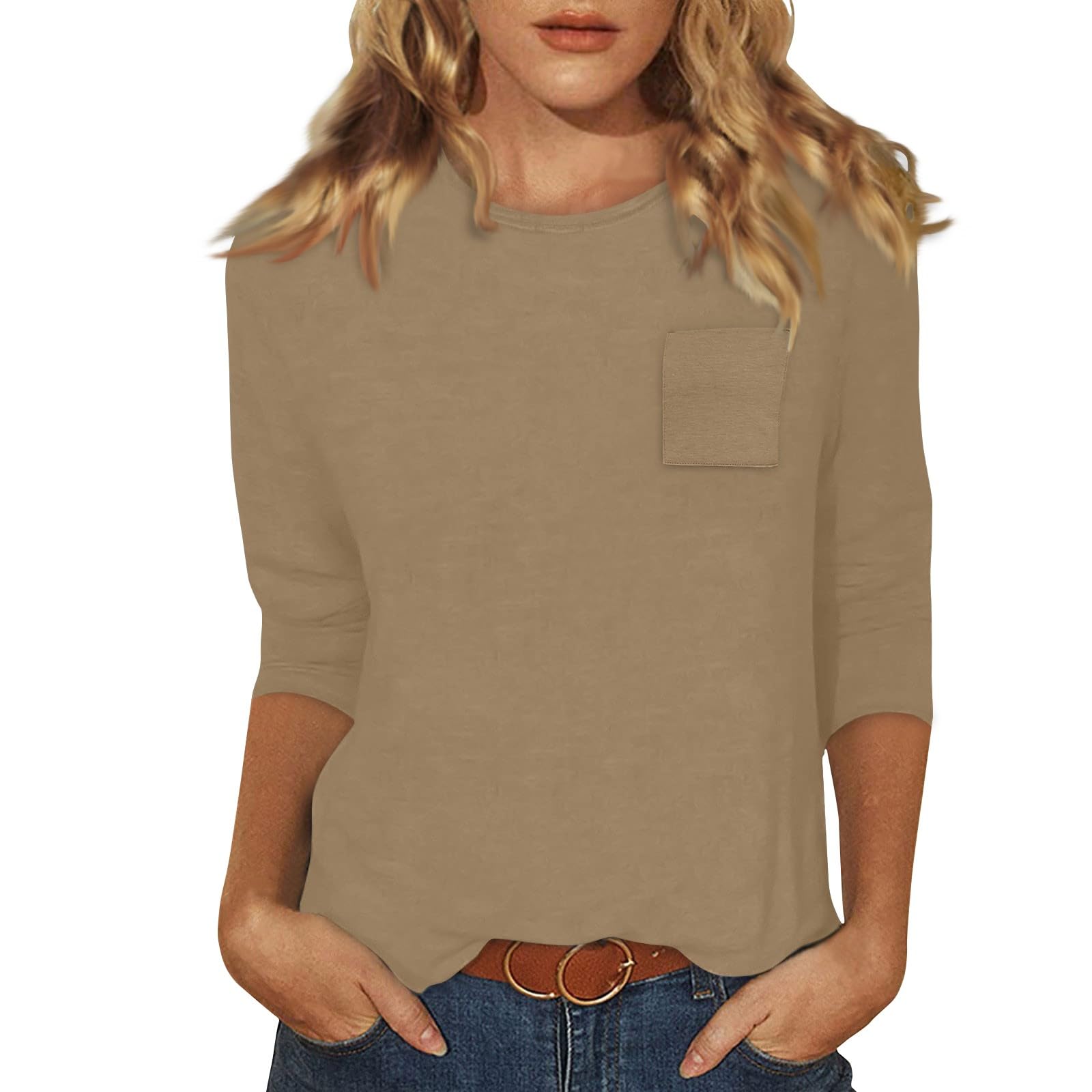 Womens 3/4 Sleeve Tops Dressy Casual Solid Crewneck T Shirts with Pocket Cotton Trendy Three Quarter Sleeve Blouses Loose Boho Summer Tunic Tops with Leggings 3/4 Sleeve Shirts for Women 2025 Khaki