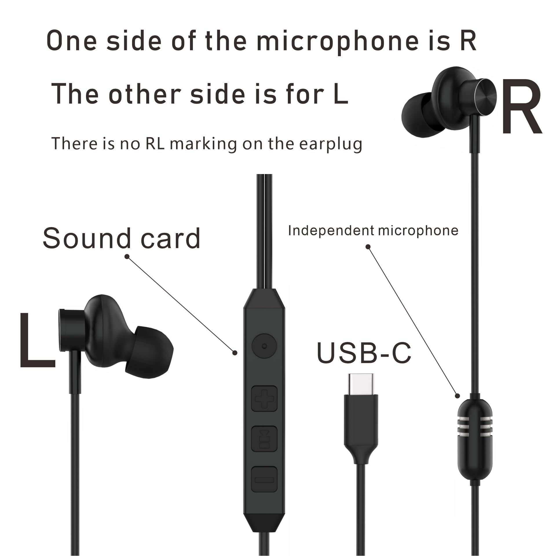 Écouteurs intra-auriculaires USB-C filaires, avec carte son haute fidélité, audio 5 modes, jeu à faible latence, amélioration vocale KTV - Noir