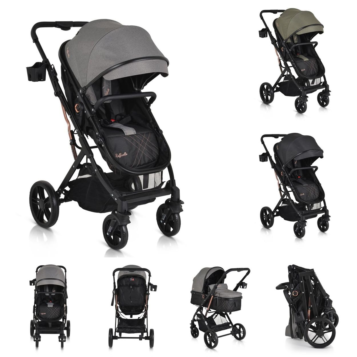 Moni cochecito Rafaello 2 en 1, convertible, asiento deportivo, cubrepiés, bolsa, colores:canoso