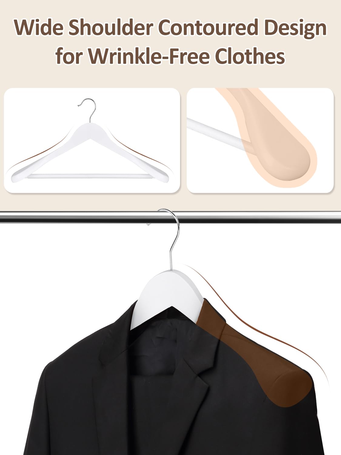 AMKUFO Perchas de madera de hombro ancho, paquete de 8 perchas con barra antideslizante para pantalones, perchas de madera resistentes con acabado suave, gancho giratorio de 360° para suéter, chamarra