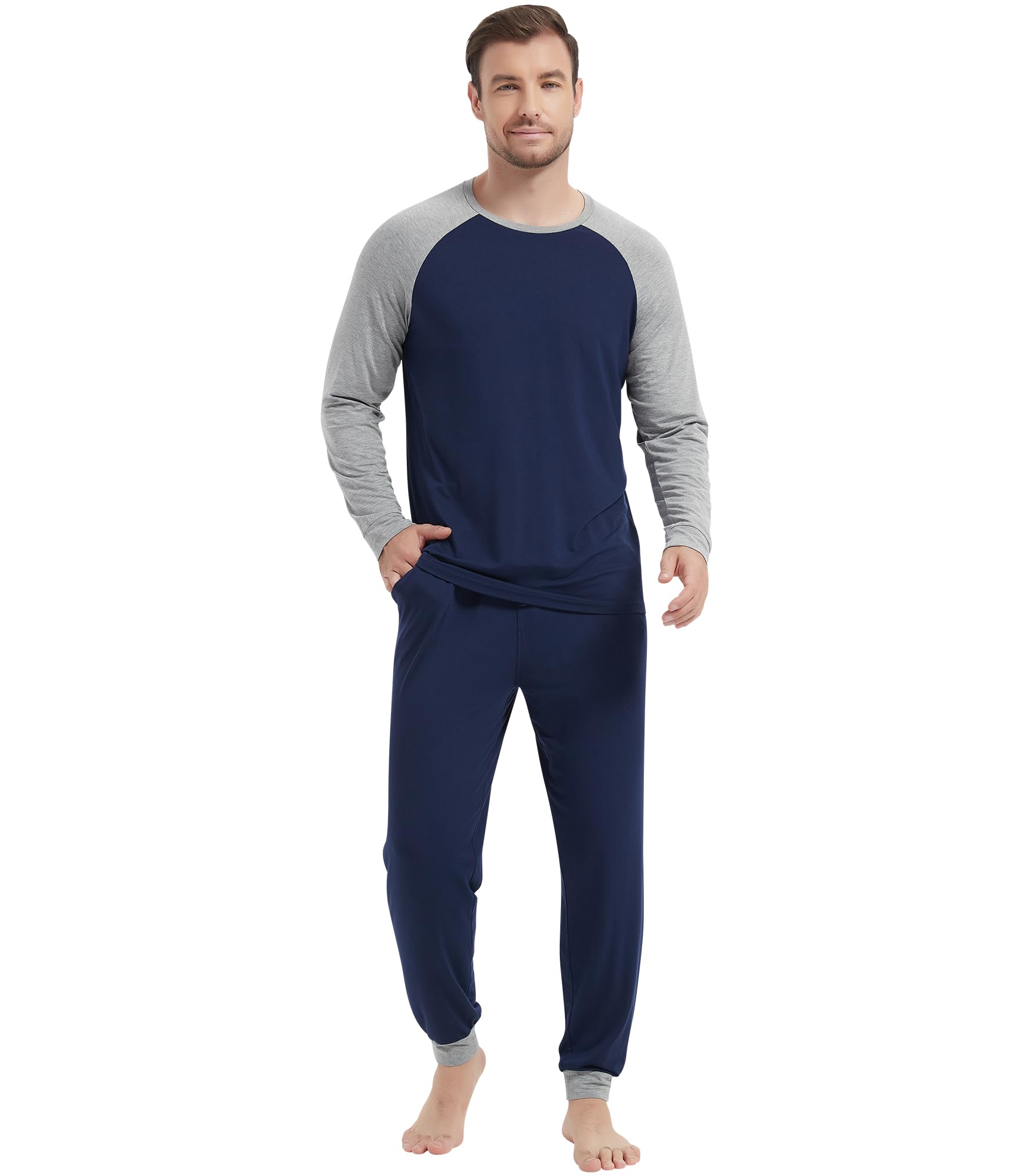 NACHILA Pajamas for Men-Viscose Made from Bamboo, Long Sleeve Pajamas Set Comfy Sleepwear Pants Soft V Neck Pjs with Pockets