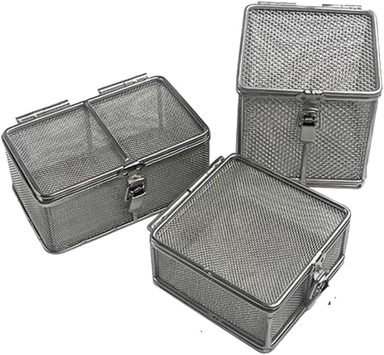 sterylizacji na instrumenty chirurgiczne Kosz siatkowy ze stali nierdzewnej z pokrywką i zatrzaskiem, taca do ładowania urządzenia medycznego(40 * 30 * 7cm,Mesh 0.5mm)