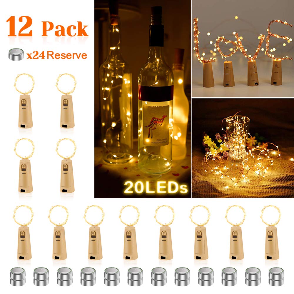 Wine Bottle Lights with Cork, 12 Pack 20 LED Battery Operated Cork Fairy String Lights Waterproof Mini Copper Wire Bottle Lights for Jar DIY, Party, Christmas, Wedding Decor, Warm White