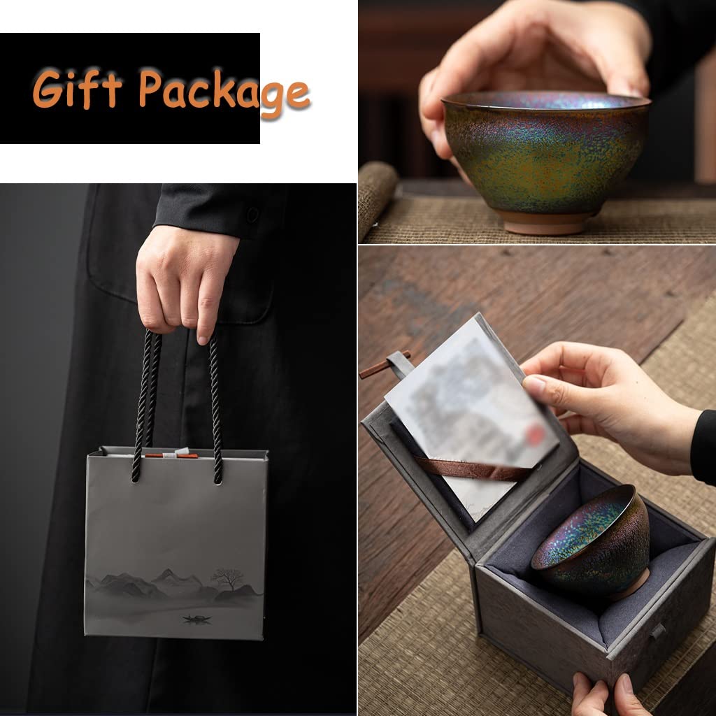 Tazas de té Vasos De Té Japones Copa Maestra De Boca Ancha De 4.5 Oz, Cuenco De Té De Cerámica Kung Fu con Neumáticos De Hierro, Taza De Té Jianzhan Colorida con Caja De Regalo