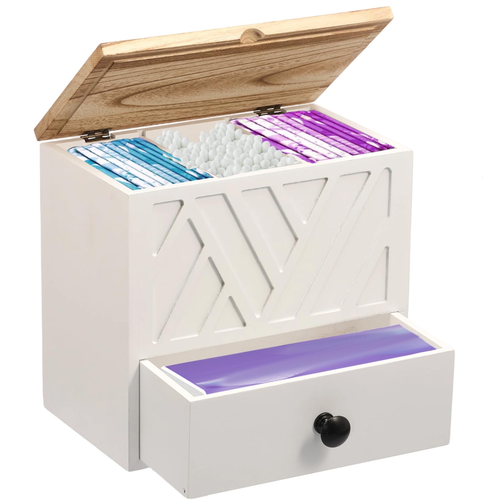 Discreet Tampon Holder for Bathroom Decor, Feminine Product Organizer with Lid and Drawer, Wooden Hygiene Storage Box Sanitary Pad & Cotton Swab Storage for Privacy Protection & Space Saving(white)