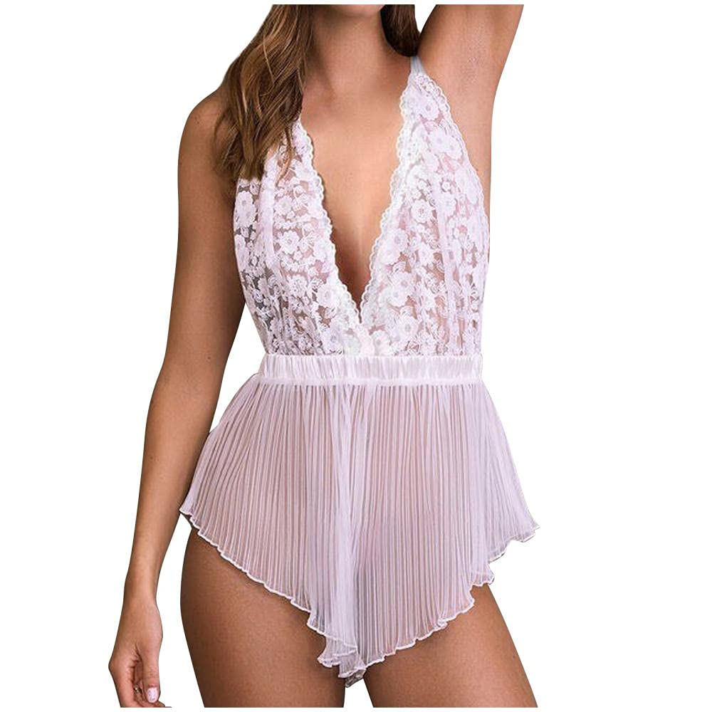 Set di Lingerie da Donna Set di Biancheria Intima Sexy da Donna con Scollo a V Profondo e Abiti Trasparenti in Pizzo (Blanco L)