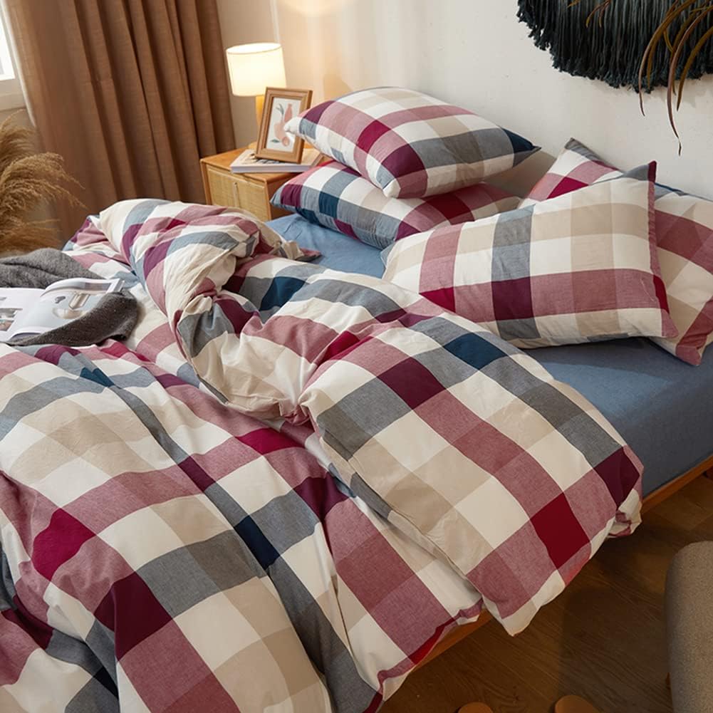 DONEUS 100% Washed Cotton Duvet Cover Set Super Soft Breathable Comfy Natural Linen Like Textured Bedding Set 3 Pieces with 2 Pillow Shams (Blue Red Plaid, Twin)