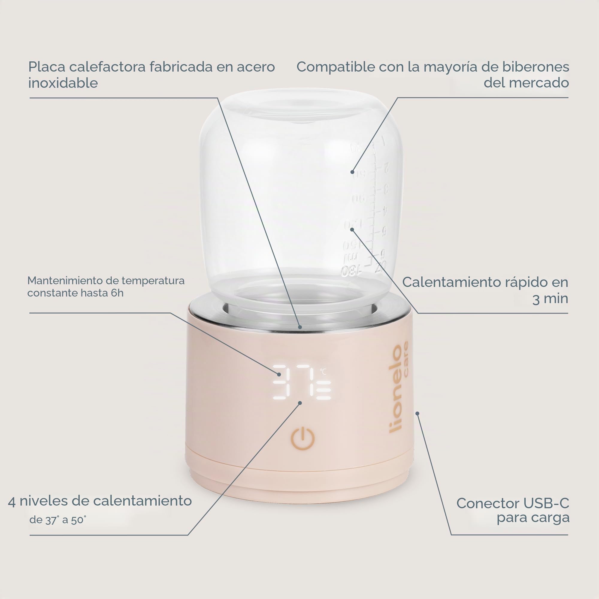 Lionelo Thermup Swift Calentador de Biberones Portátil Inalámbrico, Batería Recargable 5000 mAh USB-C, Calienta Leche Infantil 37-50 °C, Mantiene 6 h, 5 Adaptadores, Sensor sin Líquido