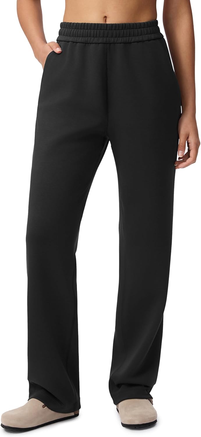 Women's 30" Wide Leg Sweatpants with Pockets High Waisted Sweat Pants Stretch Casual Lounge Black X-Small