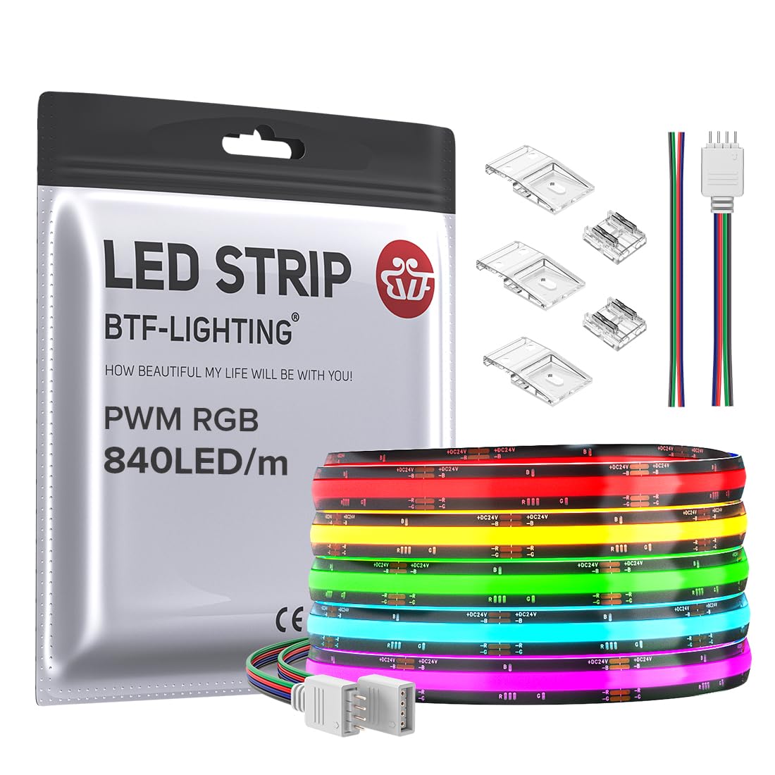BTF-LIGHTING FCOB COB RGB Tira LED Flexible Alta Densidad DC24V 5M 840LEDs/M 4200LEDs 16W/M 10mm Negro PCB Multicolor Cinta LED IP66 Impermeable para Decoración Interior(Tira Solo)