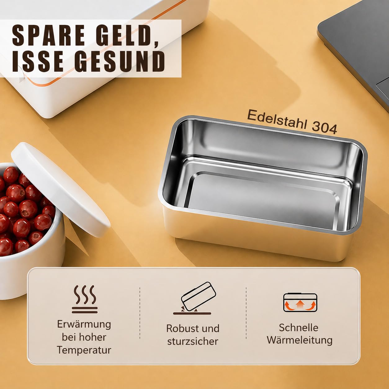 Elektrische Lunchbox Kabellos 1L mit Batterie 12000mAh, Beheizbare Brotdose Tragbar, Speisenwärmer Edelstahl mit Display & Timer, für Arbeit, Büro, Auto, Camping