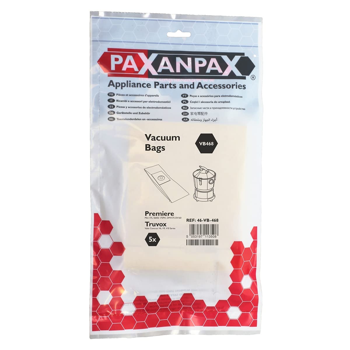 Paxanpax VB468 Lot de 5 Sacs en Papier compatibles Premiere Mini 175, DVU140 Truvox Valet Contract V6, V9, V10 Series 0 décibeles, Nein