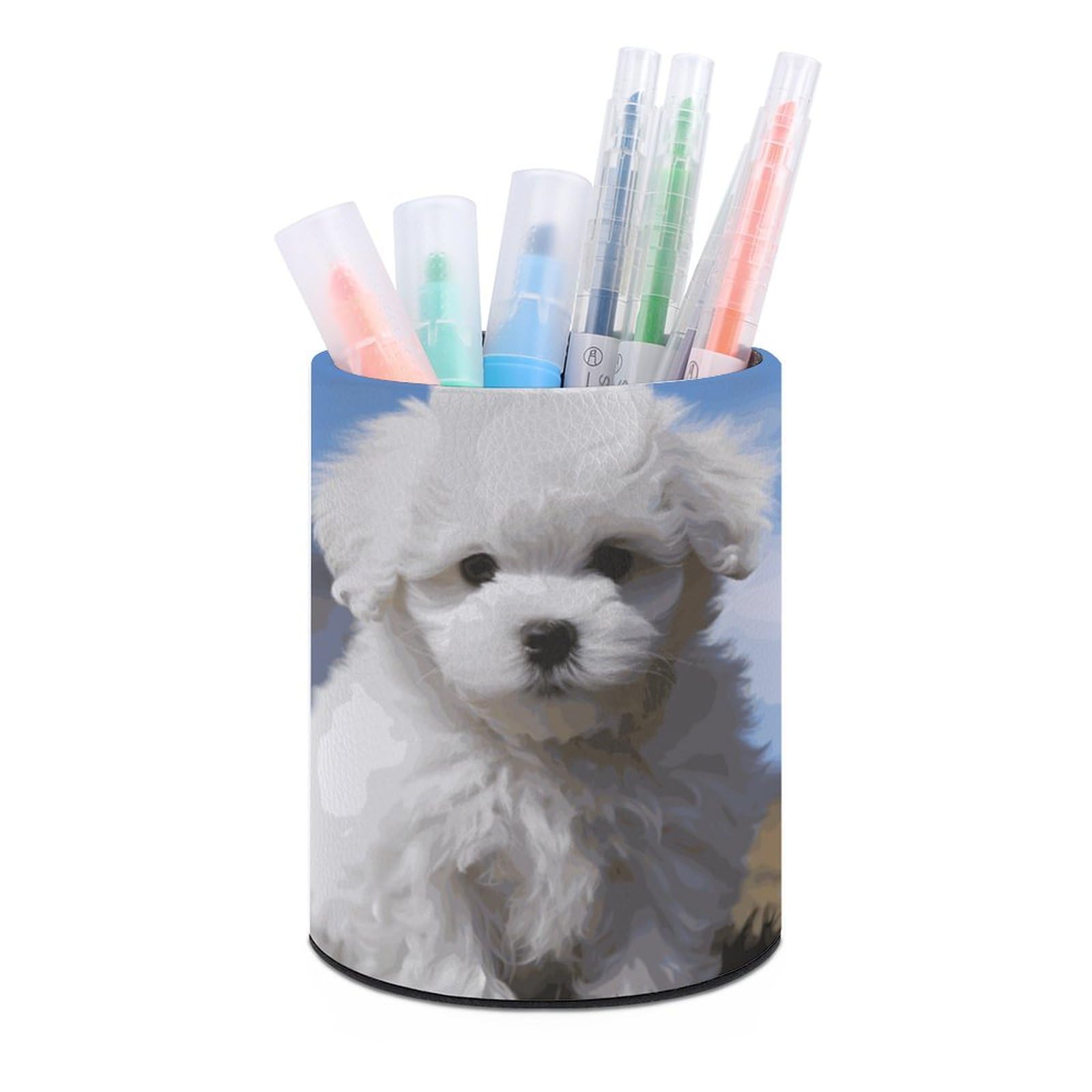 JTREHY Round Pen Holder,Bichon Frise Dog Printed Makeup Brush Storage Box for Home Office Dressing Table