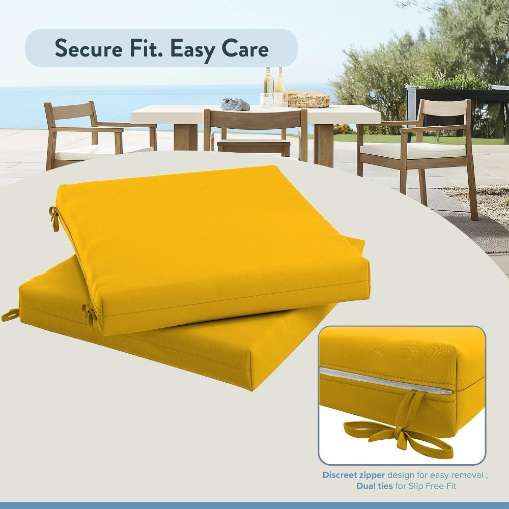 California Umbrella Outdoor Replacement Patio Chair Pad Set of 2, 18 x 18 Inch, Premium Outdoor Memory Foam, Fade Resistant, Solstice Olefin Fabric, Fabric Ties, Lemon