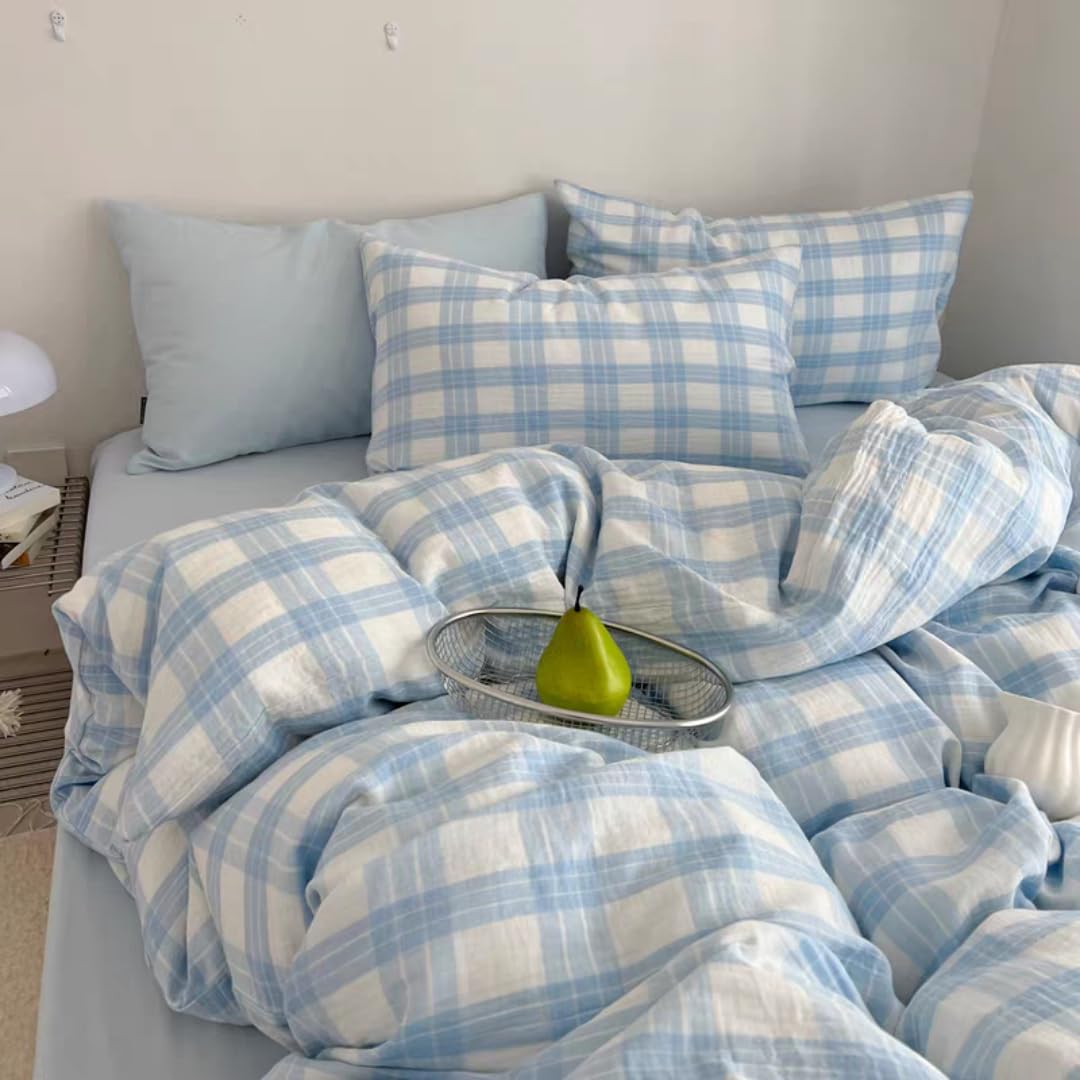 Gingham Duvet Cover Double Blue and White Plaid Checkered Grid Bedding Set