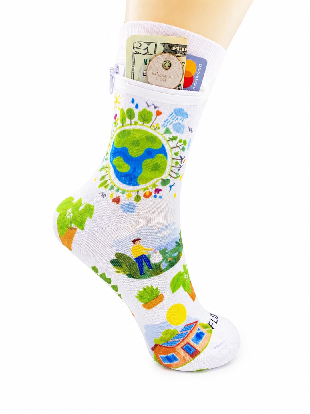 Zipper Sock Wallet - Cotton &amp; Polyester Zipper Socks with Pockets - Fits shoe size 6-13
