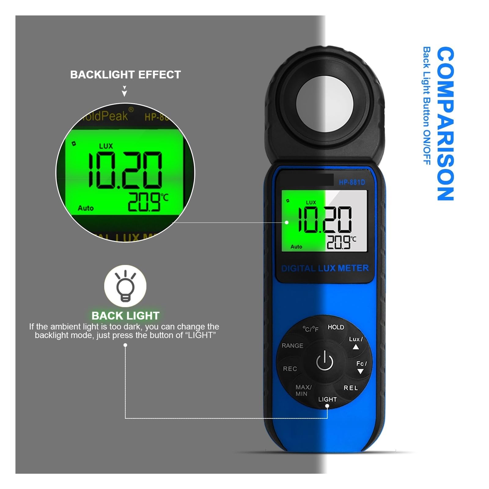 Medidor de Luz, Luxómetro digital compacto, pantalla de gráfico de barras de 3999 cuentas, transductores de diodo de silicio con filtro de luz for monitorizar el crecimiento de las plantas.(Yellow)