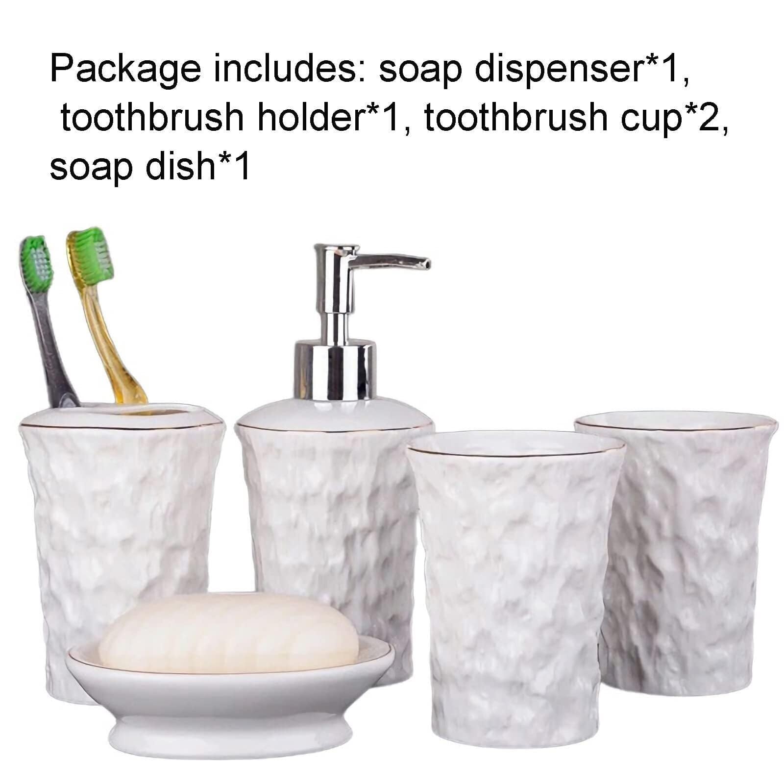 Set di accessori per il bagno Dispenser di sapone, portaspazzolino, 2 tazze, bianco con decorazioni moderne for la casa in oro, 5 pezzi Arredamento per gli affittuari