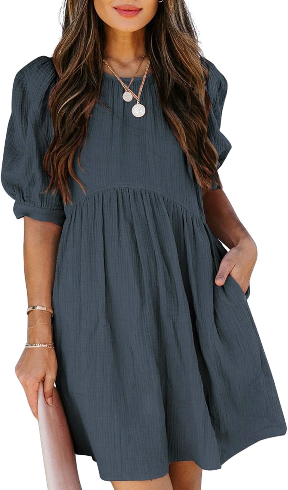 DokotooWomens Summer Crewneck Puff Sleeve Babydoll Elegant Empire Waist Mini Swing Skater Dresses with Pockets