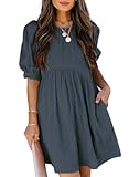 Womens Summer Crewneck Puff Sleeve Babydoll Elegant Empire Waist Mini Swing Skater Dresses with Pockets