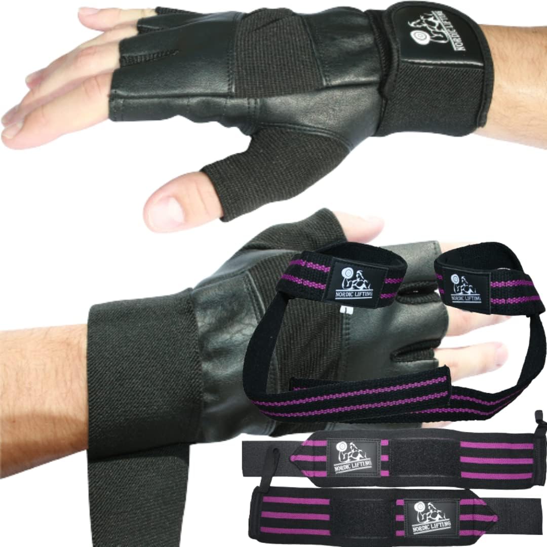 Gym Gloves Large - Black Bundle with Wrist Wraps & Lifting Straps Bundle - Purple