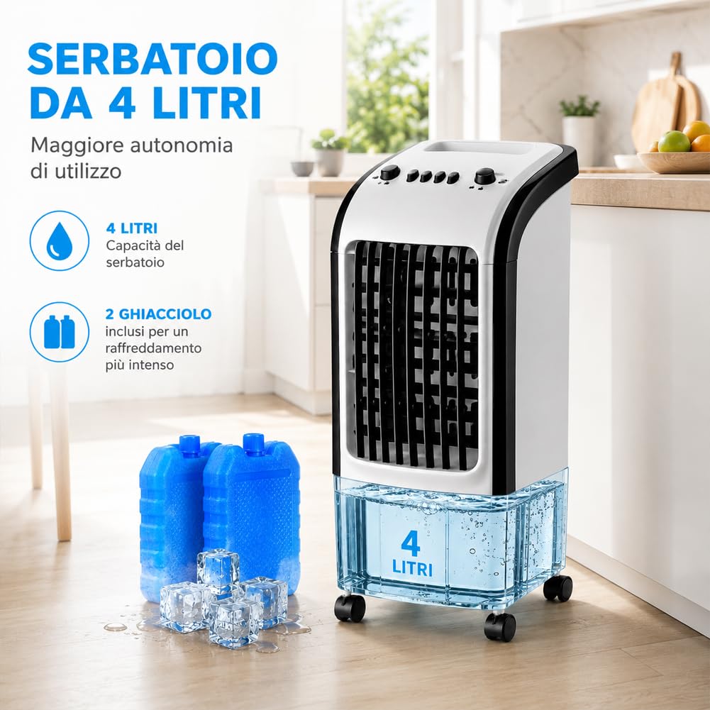 BAKAJI Raffrescatore d'Aria Portatile 3 in 1 con 2 Ghiaccioli, Nebulizzatore Ventilatore con Serbatoio d'Acqua 4 Litri, Aria Air Cooler con Ghiaccio Potenza 65 W, 28 x 28 x 58 cm