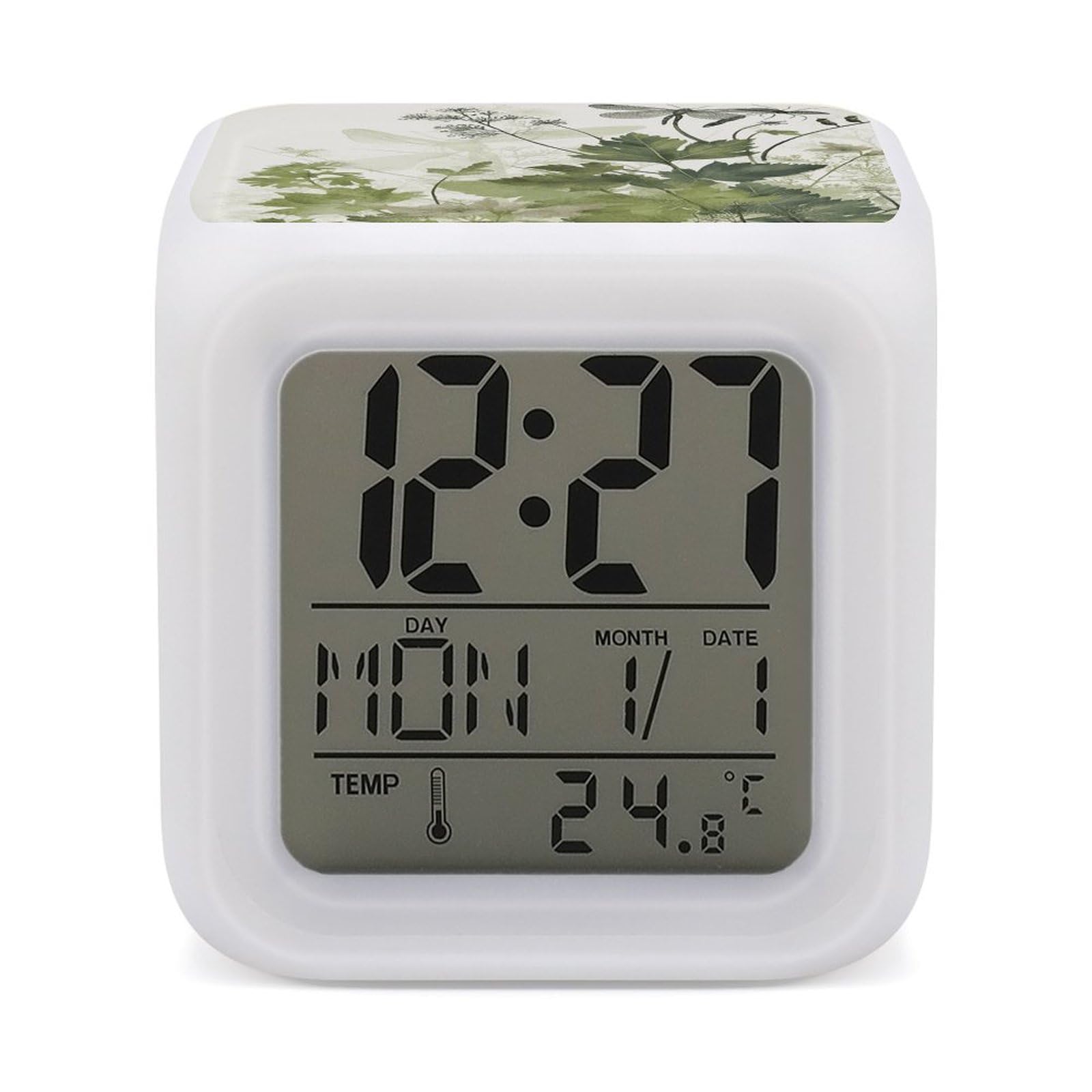 JTREHY Foliage and Herbs with Dragonflies Winged Alarm Clock Seven Color Night Light Digital Clock Precision Reliable Alarms Clocks for Bedroom Heavy Sleepers Adults Gift for Men and Women