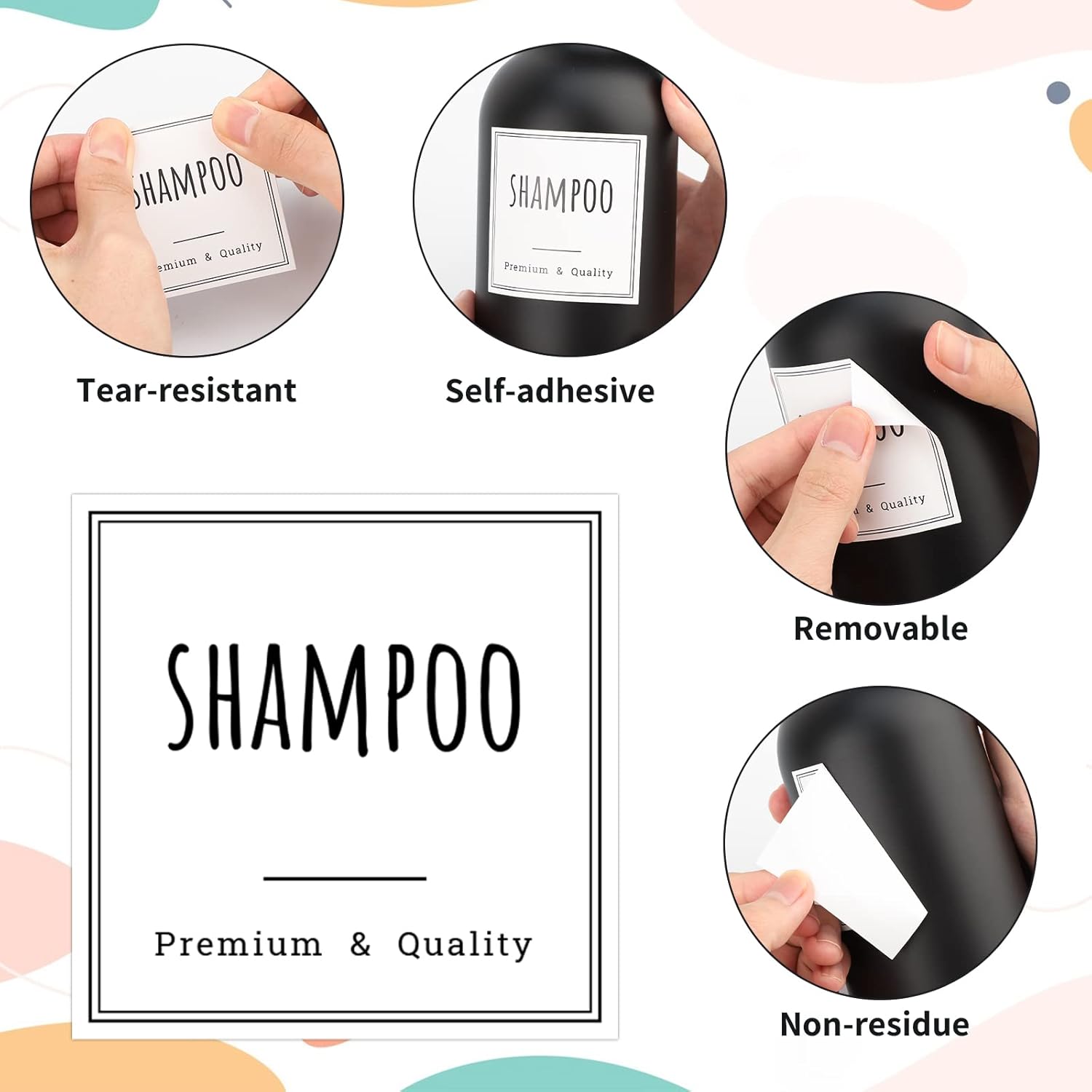 Segbeauty 3pcs 16.9oz Refillable Shower Dispenser, 18pcs Black Waterproof Labels for Bottles, Reusable Self-Adhesive Bathroom Shampoo Conditioner Hand Soap Lotion Dispenser Bottles Label Stickers