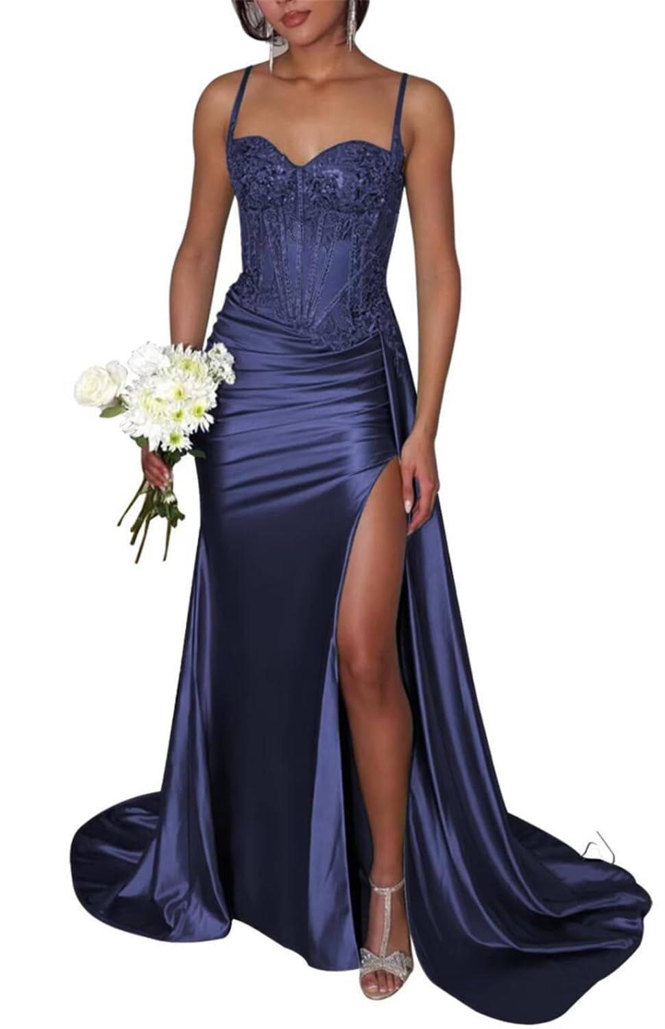 KIYNE Glitter Sequin Mermaid Prom Dresses for Teens with Slit Lace Applique Graduation Dress Navy Satin Evening Gown UK18