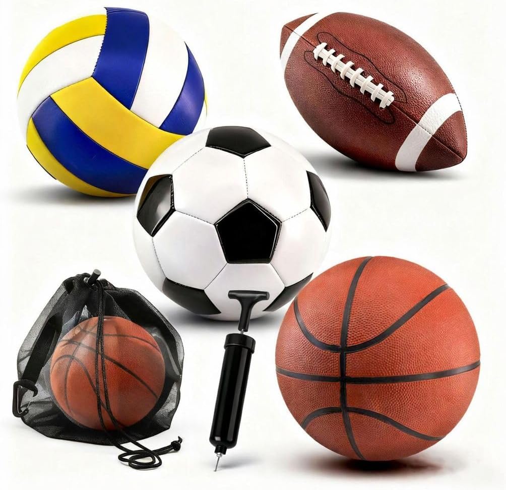 4 Pcs Sport Balls Set Include Official Size 7 Basketball 9 Football 5 Volleyball 5 Soccer with Bag Pump Sports Equipment for Adults Back to University School Ball Gift