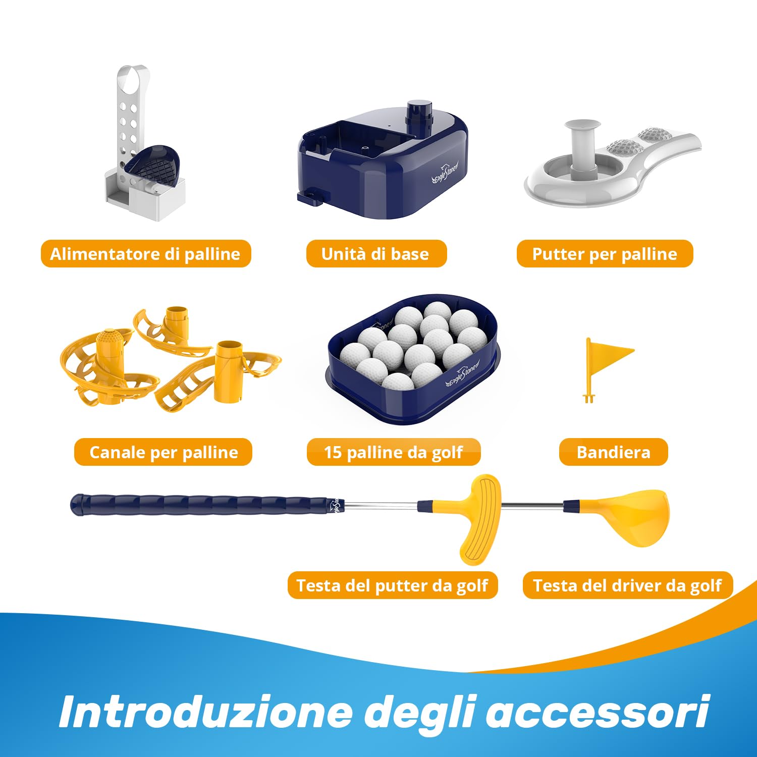 EagleStone Set da Golf Bambini 3-8 Anni con Lanciatore a Pedale, Mazza Regolabile, 15 Palline e Carrello. Giocattolo Sportivo da Interno ed Esterno per Bimbi e Bimbe