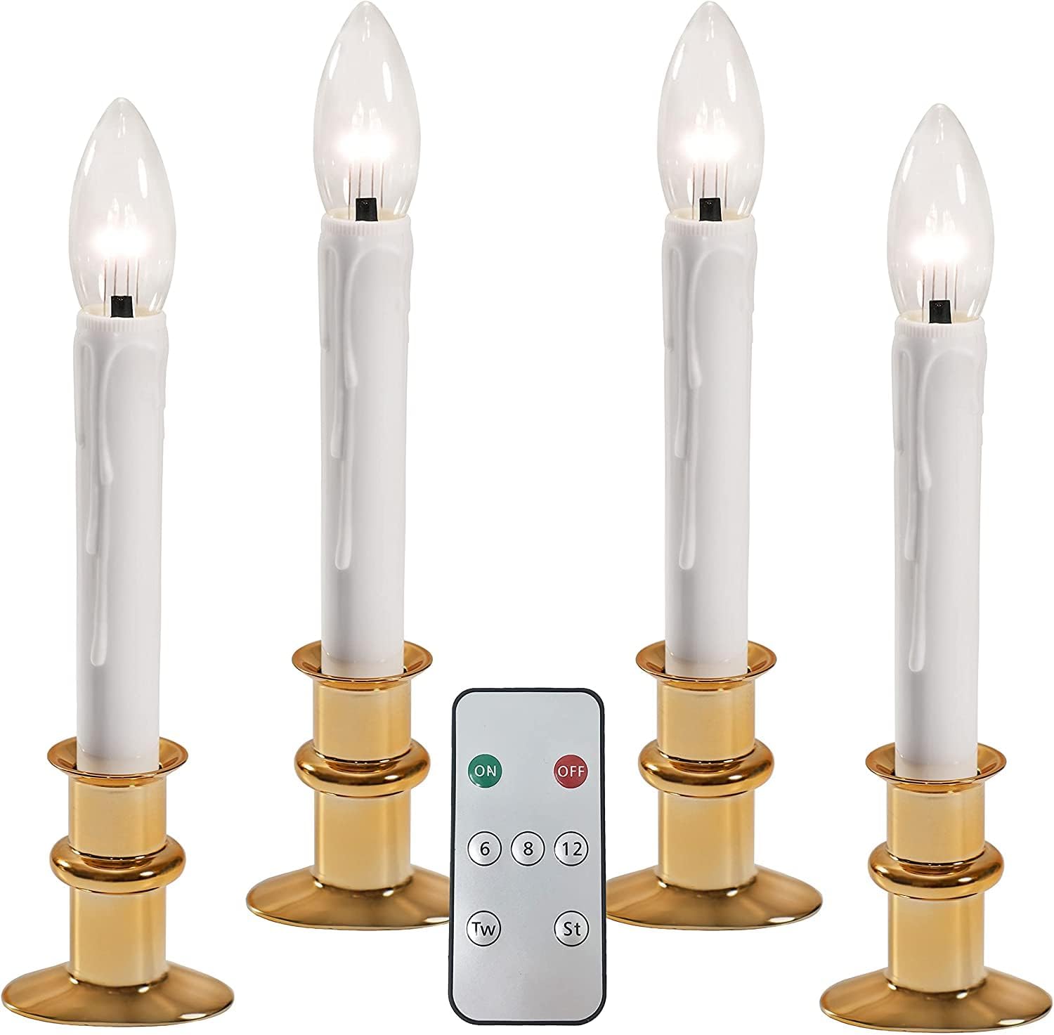 612 Vermont Ultra-Bright LED Window Candles with Timer, Remote Control, Twinkle/Steady LED Light, Battery Operated, Slim Metal Base, VT-9167-R4-BW (Pack of 4, Polished Brass)