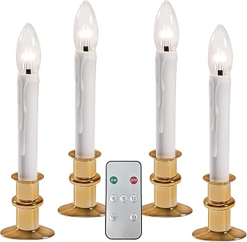 612 Vermont Ultra-Bright LED Window Candles with Timer, Remote Control, Twinkle/Steady LED Light, Battery Operated, Slim Metal Base, VT-9167-R4-BW Pack of 4, Polished Brass