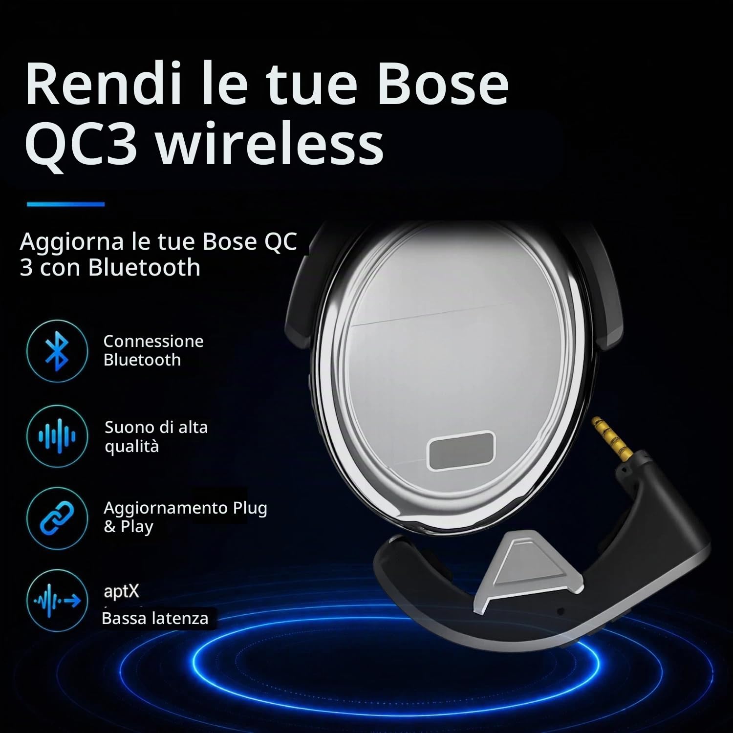 aptX - Adattatore wireless Bluetooth 5.0 per Bose QuietComfort 3 QC 3 con microfono e controllo volume, nero