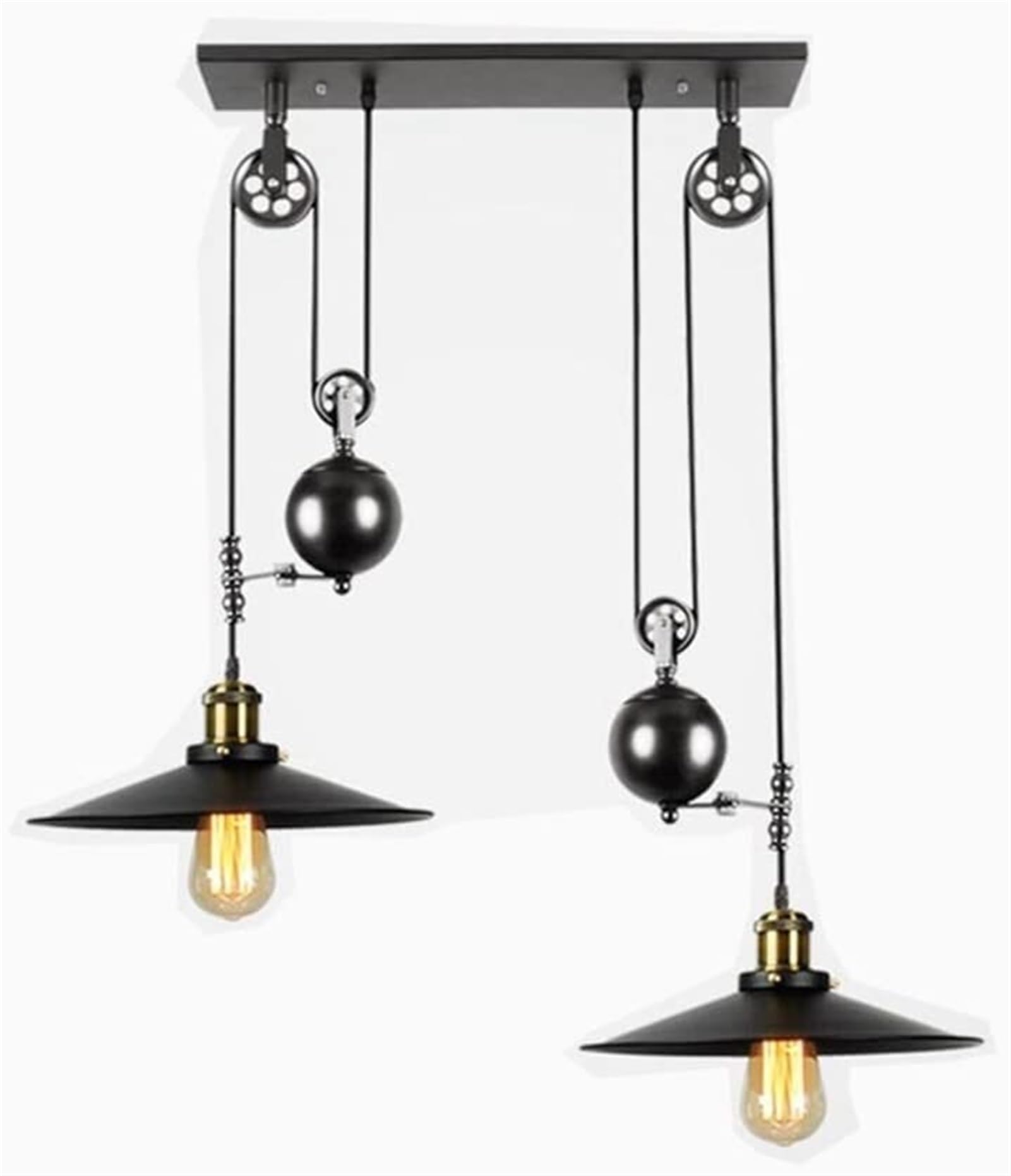 BLOOHK Industrial Pulley Pendant Light, Retractable Rise and Fall Ceiling Hanging Lamp, Vintage Loft Lighting Fixture for Kitchen Island, Bar & Dining Room(2-ligting)