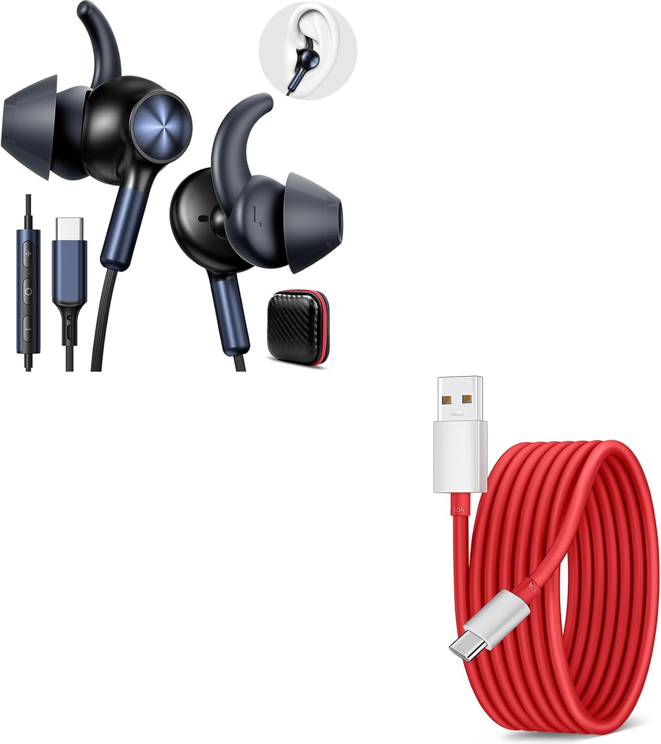 USB-C Wired Earbuds Noise Canceling in-Ear Earphones with Anti Fall/Hurt Wingtips + for SUPERVOOC USB-A to USB-C Cable for OnePlus 12-10