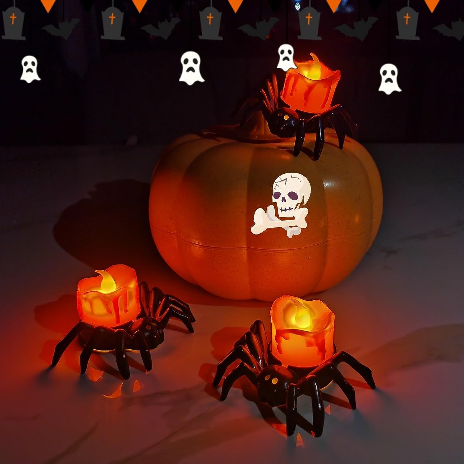 6 Pack Halloween Flameless LED Candle Lights, 3D Spider LED Tealight Candles with Bright Warm Yellow&Purple Lights, Battery Operated Led Decorative Candle Lights for Home, Halloween, Christmas Decor 6 Pack Halloween Flameless LED Candle Lights, 3D Spider LED Tealight Candles with Bright Warm Yellow&Purple Lights, Battery Operated Led Decorative Candle Lights for Home, Halloween, Christmas Decor