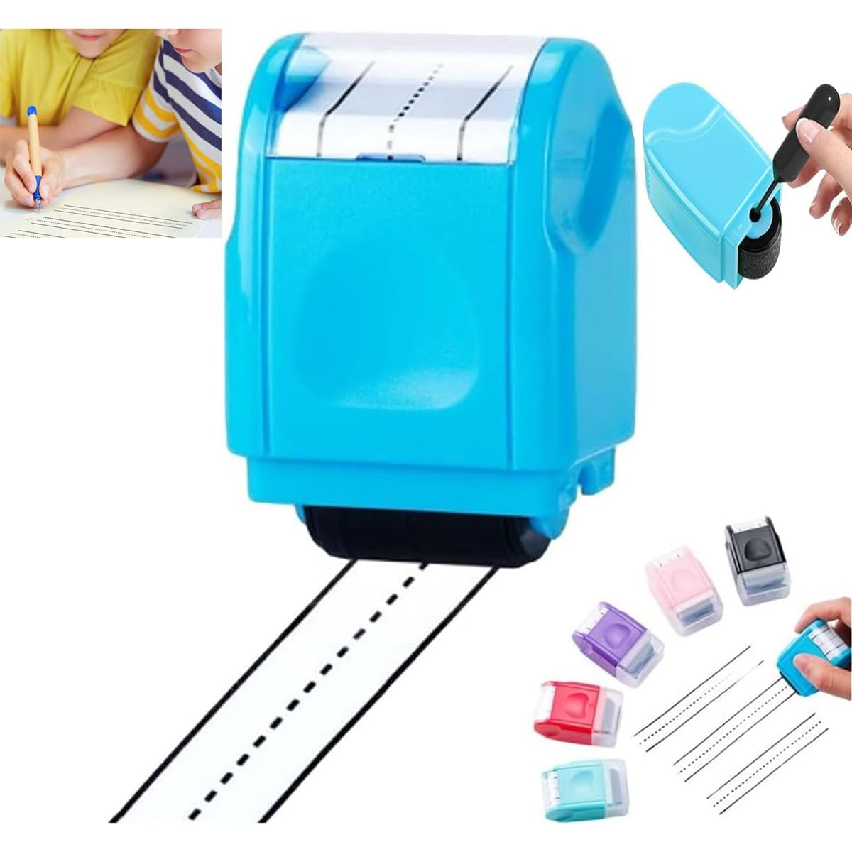 Race Track Stamp Roller Car Track Stamp Roller Handwriting Lines Stamp Roller Writing Lines Stamp Roller Dashed Handwriting Lines Practice Roller Stamp Line Road Stamp Roller for Kids (Blue)
