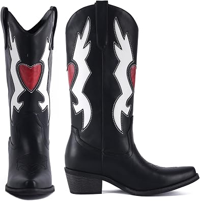 KISTANIA Cowboy Boots for Women Mid Calf Knee High Western Cowgirl Boots with Hearts Pointed Toe